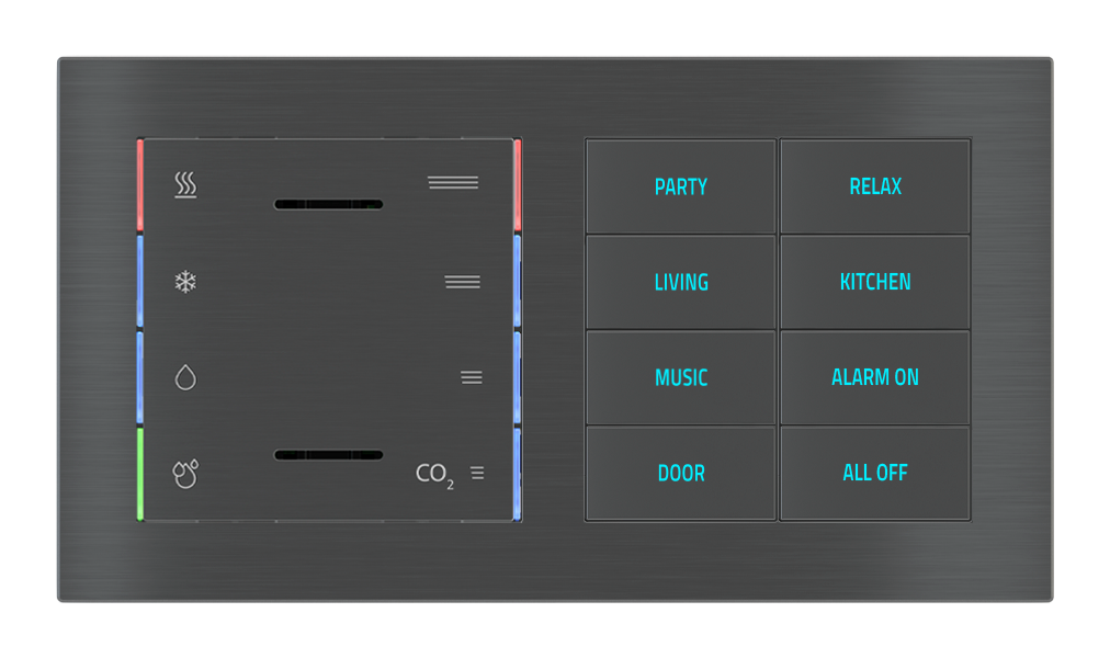 EKINEX Multisensore T - U.R. - CO2 eq. e pulsante 8 tasti con testi/simboli retroilluminati e sensore di prossimità per placca a 2 posti