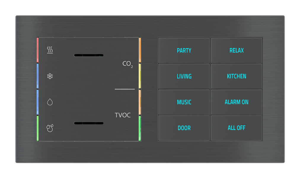 EKINEX Multisensore di qualità dell'aria con regolatore e pulsante 8 tasti con testi/simboli retroilluminati e sensore di prossimità per placca a 2 posti