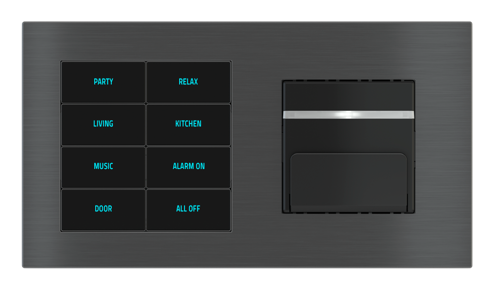 EKINEX Pulsante 8 tasti con testi/simboli retroilluminati, sensore di prossimità e tasca porta-tessere per placca a 2 posti (modulo 60x45 mm)
