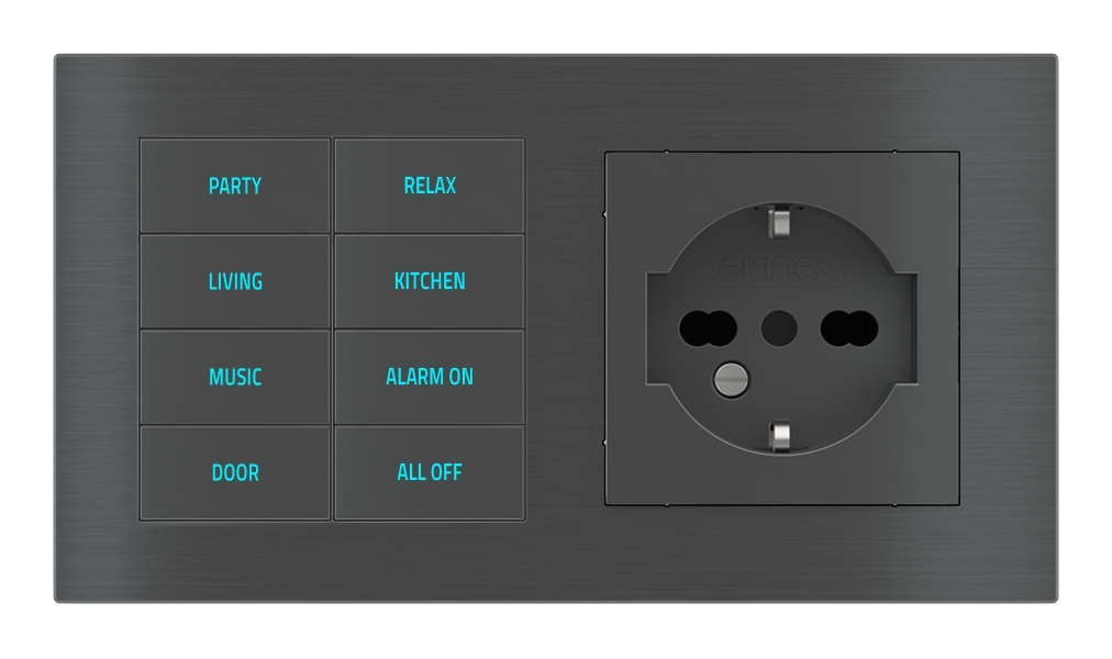 EKINEX Pulsante 8 tasti con testi/simboli retroilluminati, sensore di prossimità e presa elettrica per placca a 2 posti (modulo 60x55 mm) - IT