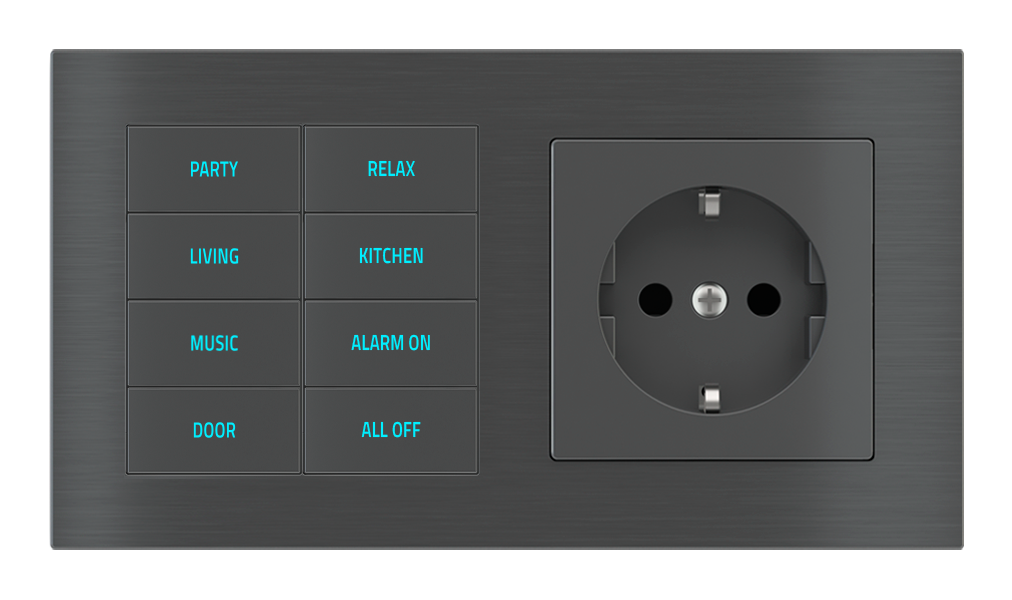 EKINEX Pulsante 8 tasti con testi/simboli retroilluminati, sensore di prossimità e presa elettrica per placca a 2 posti (modulo 60x55 mm) - Schuko
