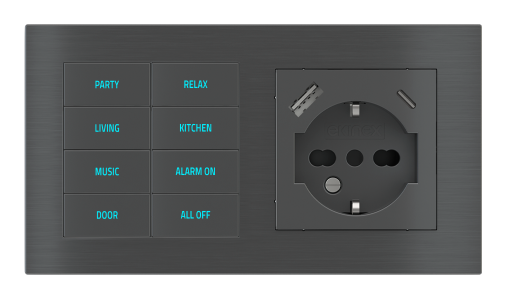 EKINEX Pulsante 8 tasti con testi/simboli retroilluminati, sensore di prossimità e presa elettrica per placca a 2 posti (modulo 60x55 mm) - IT USB
