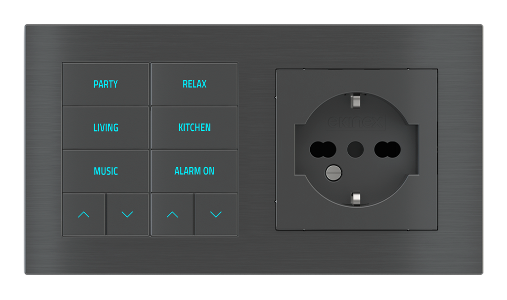 EKINEX Pulsante 10 tasti con testi/simboli retroilluminati, sensore di prossimità e presa elettrica per placca a 2 posti (modulo 60x55 mm) - IT
