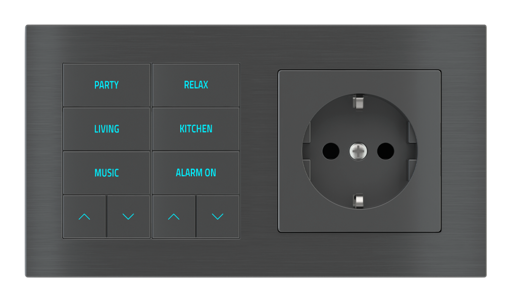 EKINEX Pulsante 10 tasti con testi/simboli retroilluminati, sensore di prossimità e presa elettrica per placca a 2 posti (modulo 60x55 mm) - Schuko