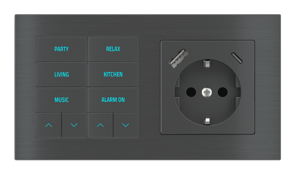 EKINEX Pulsante 10 tasti con testi/simboli retroilluminati, sensore di prossimità e presa elettrica per placca a 2 posti (modulo 60x55 mm) - Schuko USB