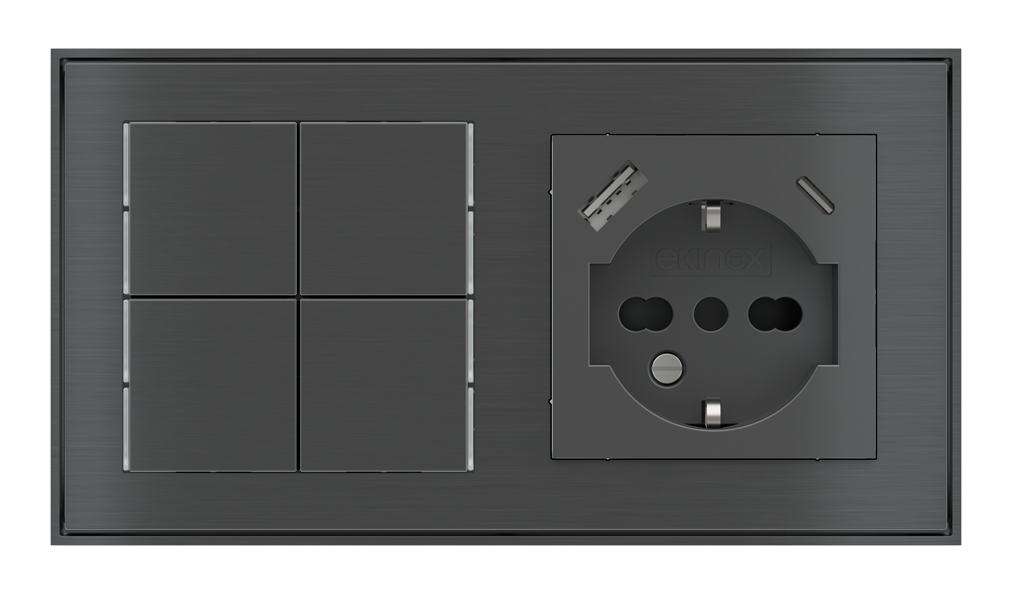 EKINEX Pulsante Basic (NO LED) e presa elettrica per placca a 2 posti (modulo 60x55 mm)  - IT USB