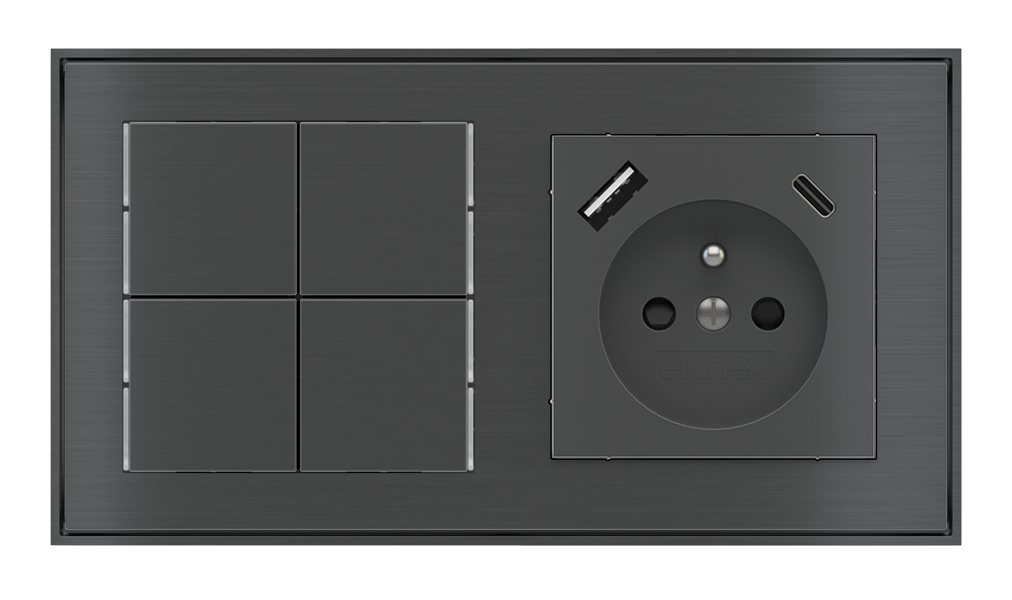 EKINEX Pulsante Basic (NO LED) e presa elettrica per placca a 2 posti (modulo 60x55 mm)  - FR USB