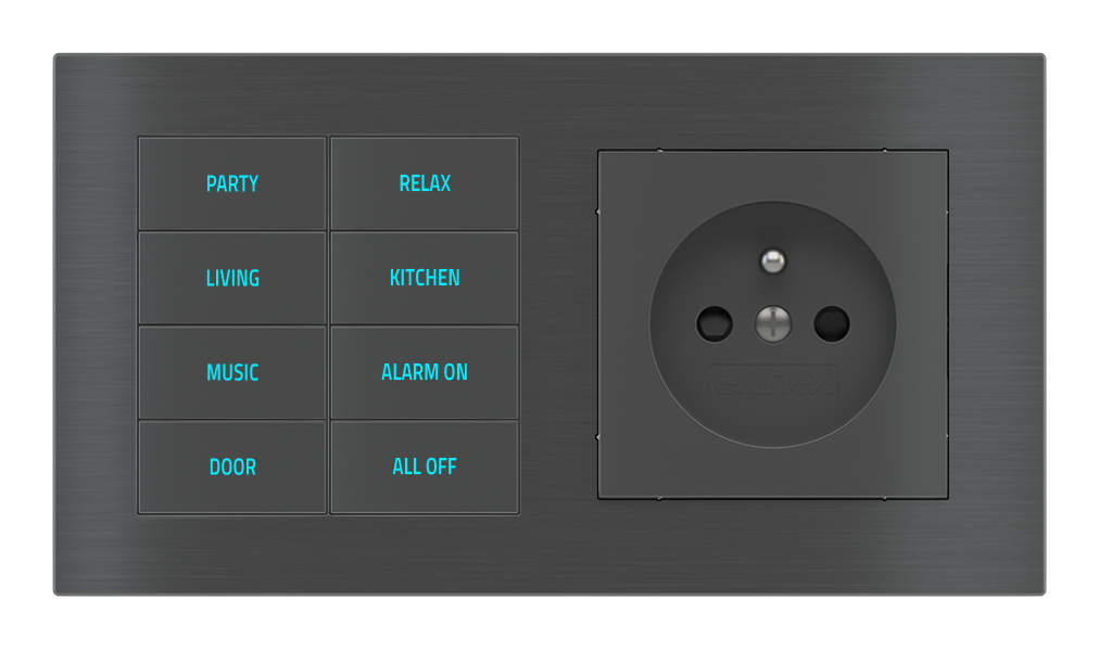 EKINEX Pulsante 8 tasti con testi/simboli retroilluminati, sensore di prossimità e presa elettrica per placca a 2 posti (modulo 60x55 mm) - FR