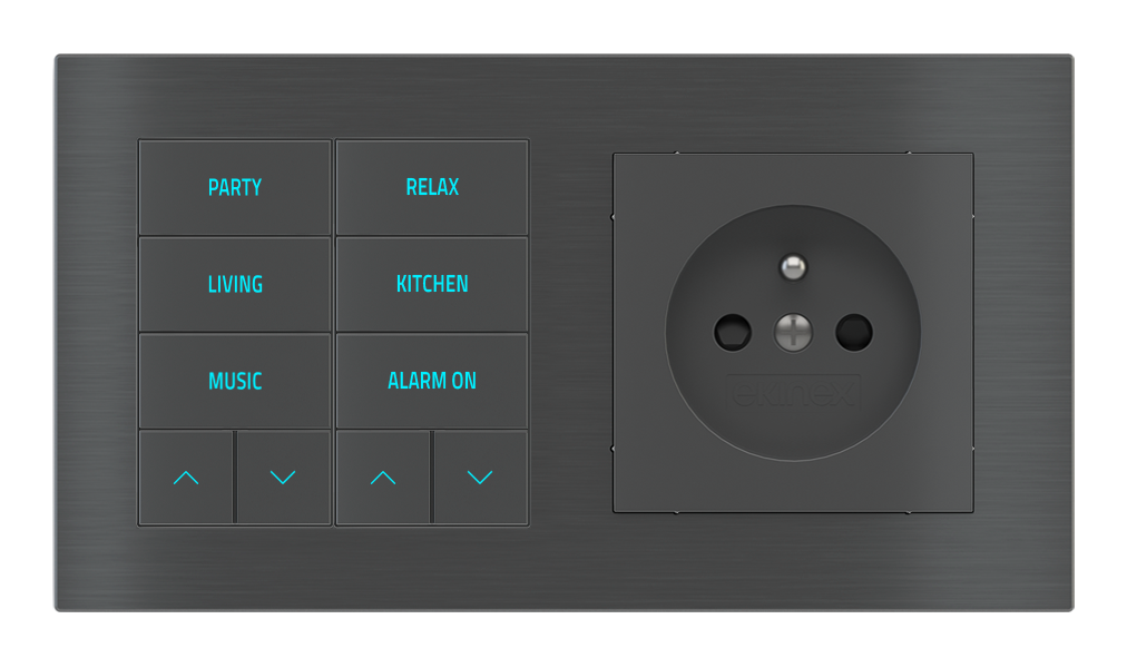 EKINEX Pulsante 10 tasti con testi/simboli retroilluminati, sensore di prossimità e presa elettrica per placca a 2 posti (modulo 60x55 mm) - FR