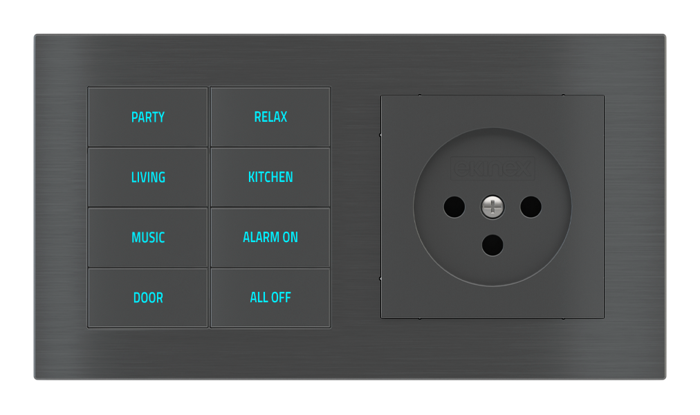 EKINEX Pulsante 8 tasti con testi/simboli retroilluminati, sensore di prossimità e presa elettrica per placca a 2 posti (modulo 60x55 mm) - IL