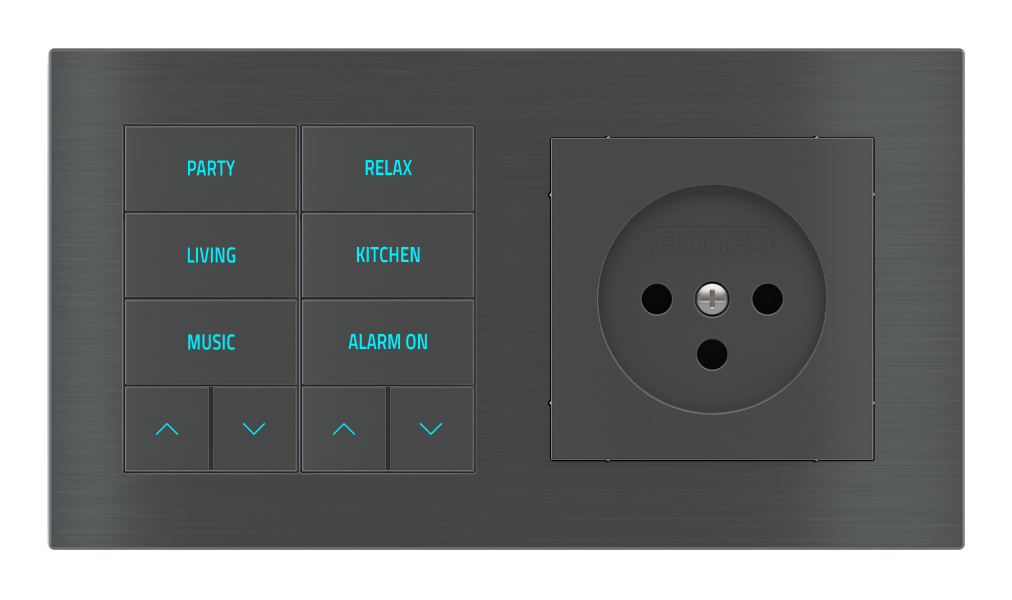 EKINEX Pulsante 10 tasti con testi/simboli retroilluminati, sensore di prossimità e presa elettrica per placca a 2 posti (modulo 60x55 mm) - IL