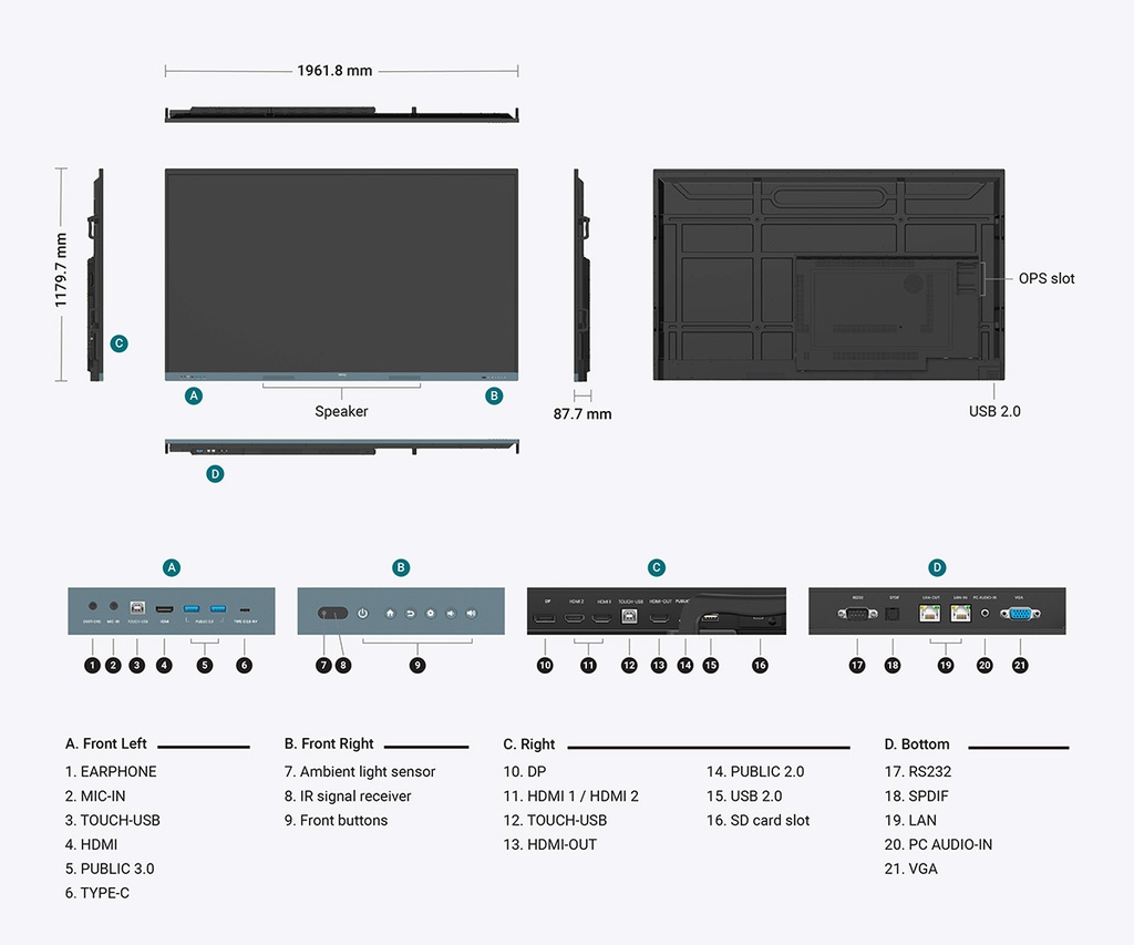 BENQ RE8604 Monitor smart board D-LED 86", 3840x2160, 450cd/mq