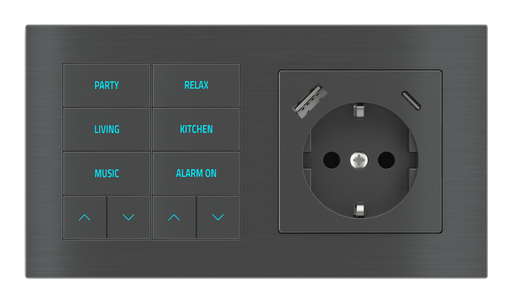 [361EK-E2E-TP-10 | EK-PWS-DE-USB] EKINEX Pulsante 10 tasti con testi/simboli retroilluminati, sensore di prossimità e presa elettrica per placca a 2 posti (modulo 60x55 mm) - Schuko USB