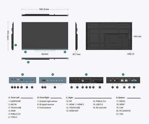 [TPLC001547] BENQ RE8604 Monitor smart board D-LED 86", 3840x2160, 450cd/mq